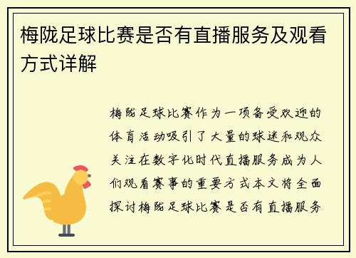 梅陇足球比赛是否有直播服务及观看方式详解